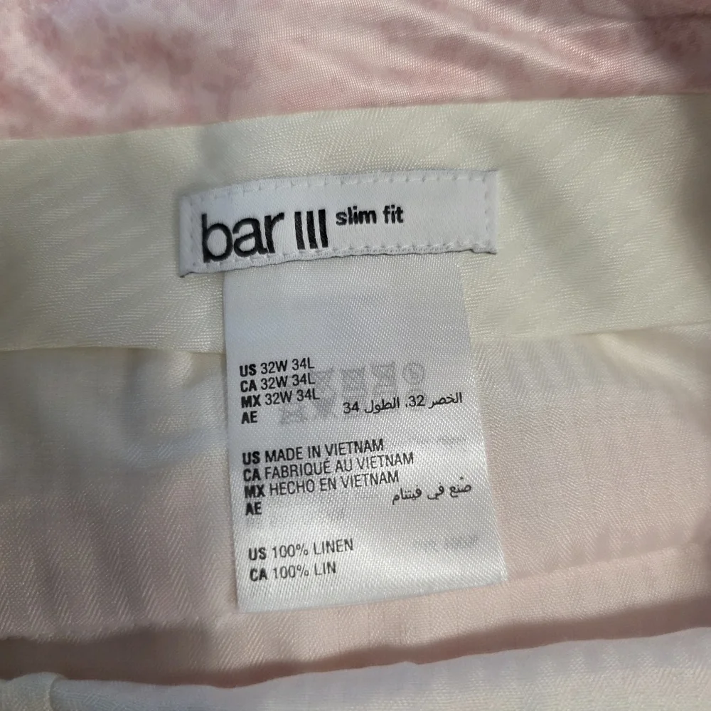 Bar III Mens 100% Linen Men's Slim-Fit Pants Pink Sz 32Wx34L NWT